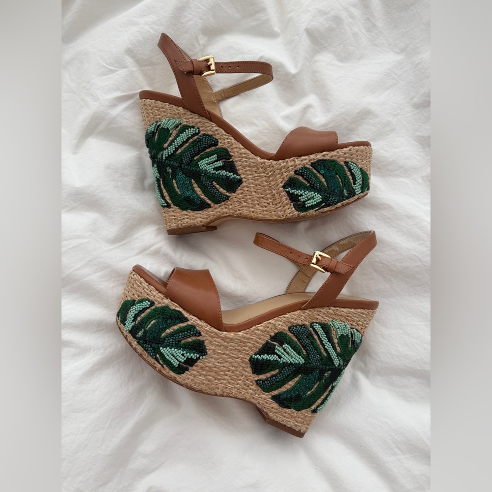 Michael Kors Fisher Leather And Palm Tree-embroidered Wedges